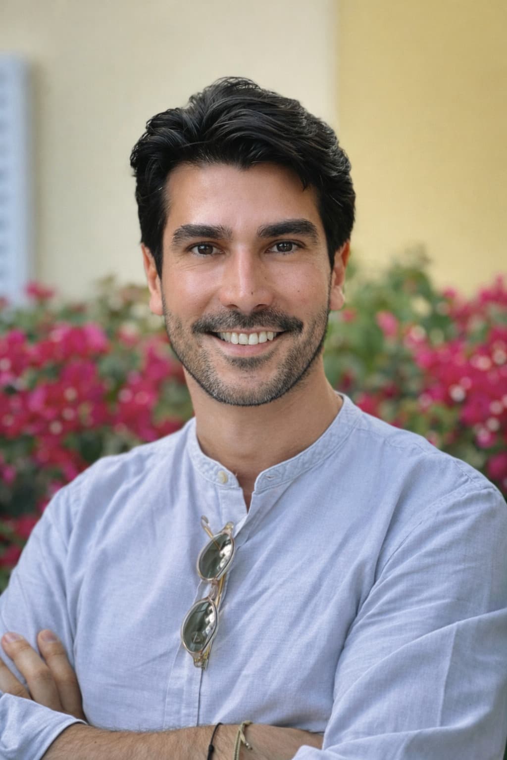 A medium shot of a smiling man with dark hair, a beard, and a light blue mandarin collar shirt, with his arms crossed and sunglasses hanging from the top button, standing in front of blooming pink flowers and a beige building.